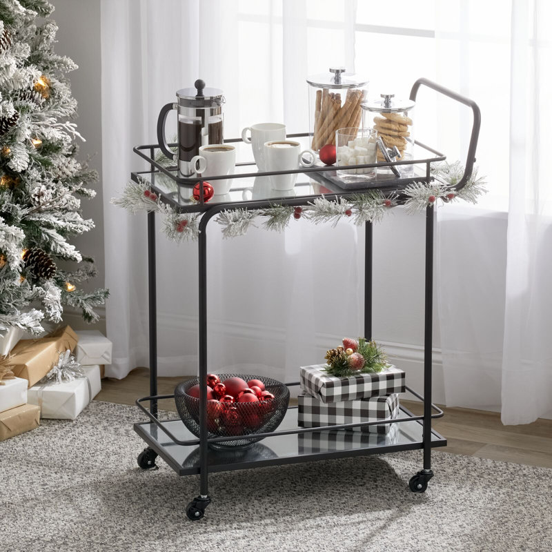 Elegant Black Metal Rectangular Bar Cart with Glass Shelves and Wine Rack