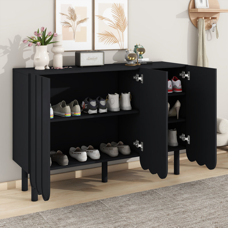 Armoire à chaussures minimaliste de style crème avec 5 pieds en bois massif, armoire buffet avec tablettes réglables, grande armoire de rangement avec portes ondulées pour le salon