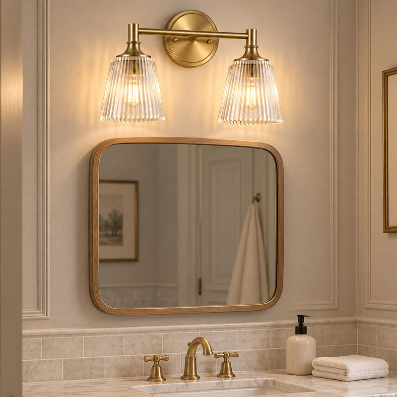 2 lumières de salle de bain dorées appliques murales de miroir de miroir abat-jour en verre nervuré 5 mm d'épaisseur rétro lumineux et chaleureux pour le miroir de la cuisine, du salon, du couloir, de l'armoire et du porche