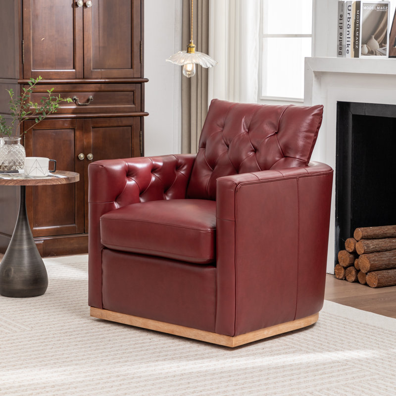 Azib 31'' Wide Genuine Leather Top Grain Leather Swivel Armchair, Burgundy
