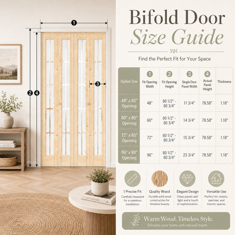 48 po x 80 po avec porte pliante double en verre clair et bois massif 48 po x 80 po avec quincaillerie d'installation Surface non finie