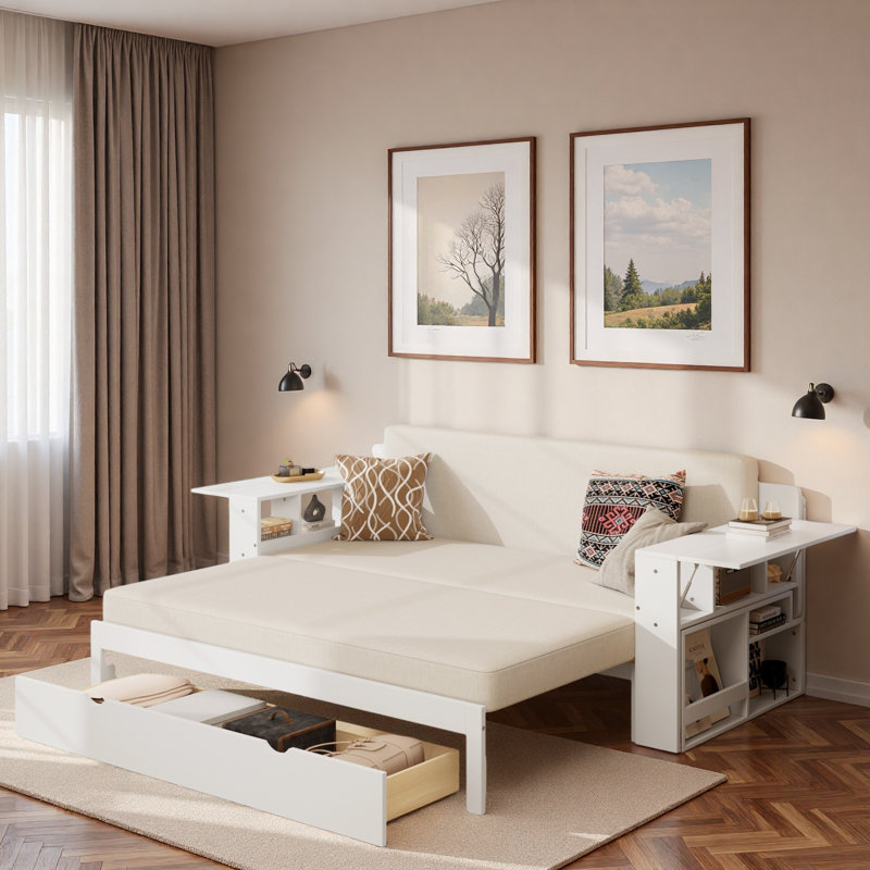 Multifunctional Daybed With Storage Drawer, Open Compartments And Hydraulic Side Table, White