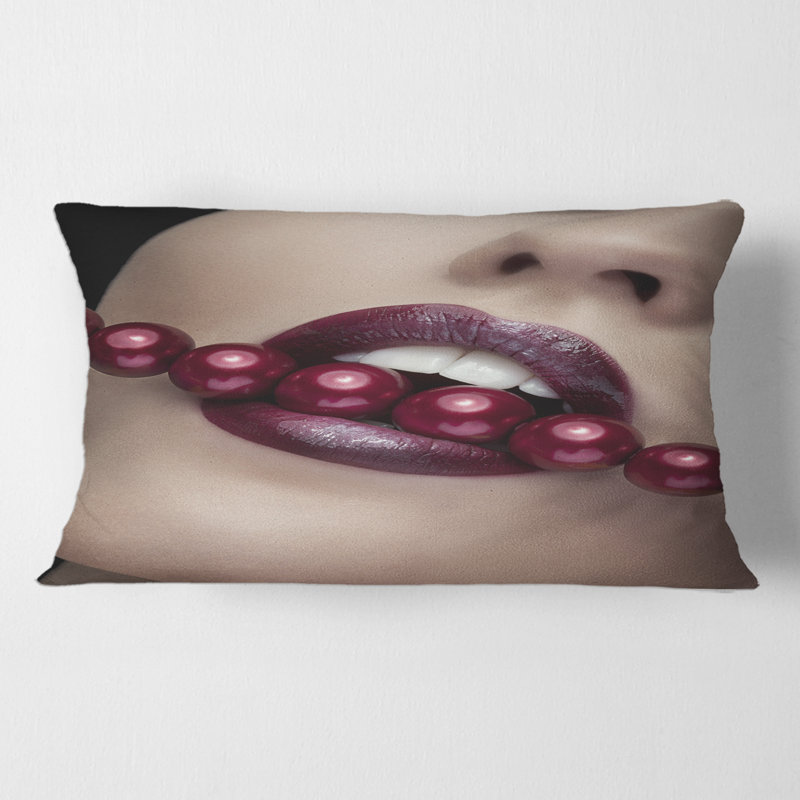 Woman Bitting With Red Lips With Red Pearls Lumbar Pillow