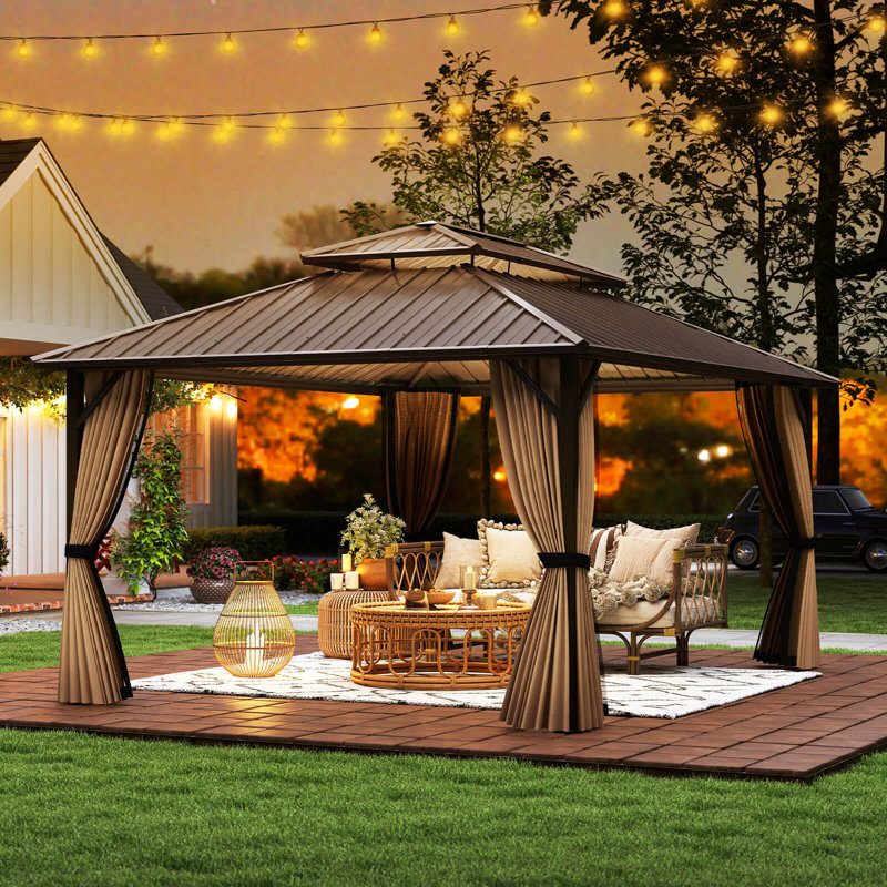Pavillon de jardin avec toit rigide en métal galvanisé à double toit, H 192 po x l 144 po x P 144 po