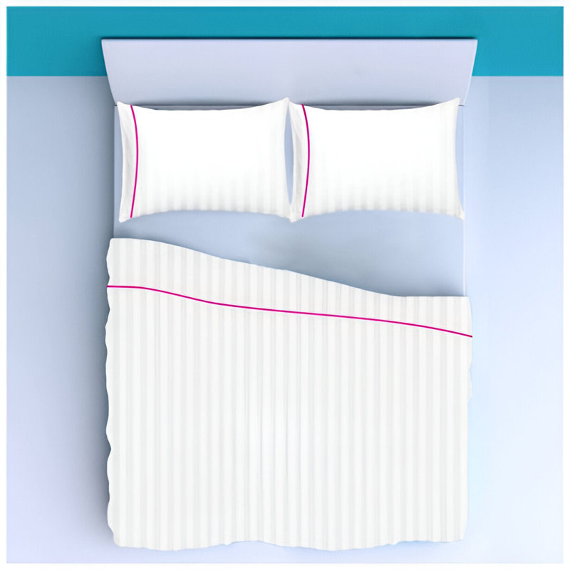 400TC Single Embroidery Sateen Stripe Cotton 4 Piece Sheet Set Fitted Sheet Fits Upto 16" Deep Pocket, Hot Pink Border