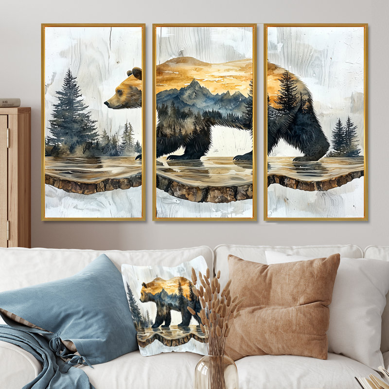 Double exposition ours dans le lac III - art mural ours - ensemble de 3, H 32 po x l 48 po, Doré