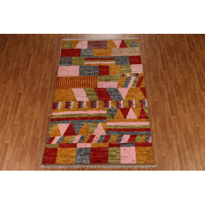 Tapis rouge en laine noué à la main de conception unique 5 pi 11 po x 8 pi 10 po New Age