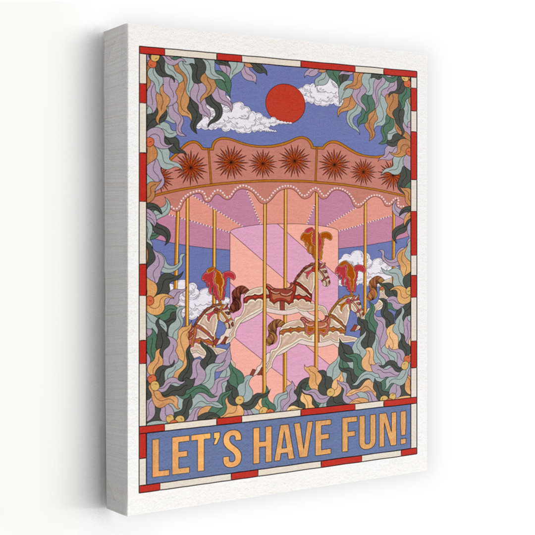 Let 039 S Have Fun - With Text Playful Retro Vintage Horse Architecture Landscape Wall Art by OMG Kitty - Wrapped Canvas Print
