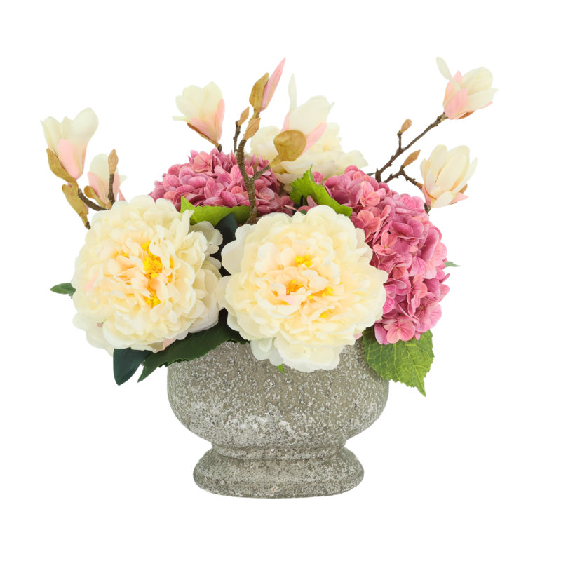 Peonies and Hydrangeas Arranged in a Stone Pot with Butterfly Magnolias