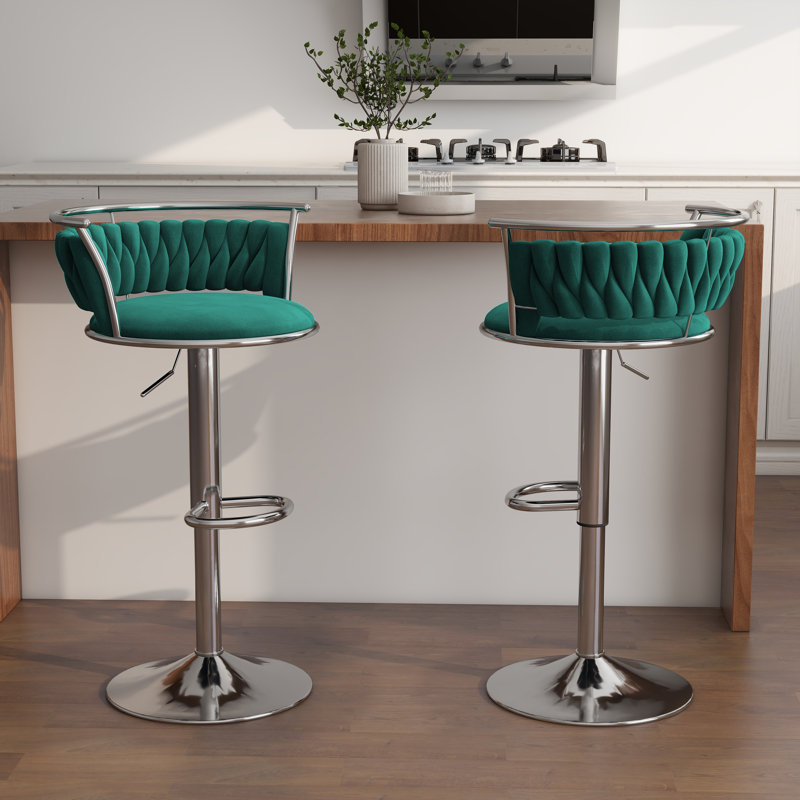 Christal Swivel Upholstered Adjustable Height Counter Stool, Dark Green, Silver