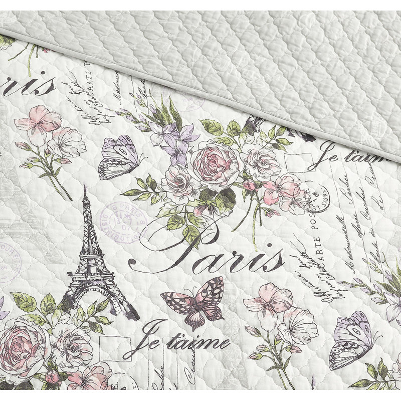 Paris Floral Gray Cotton Full Reversible Quilt Set