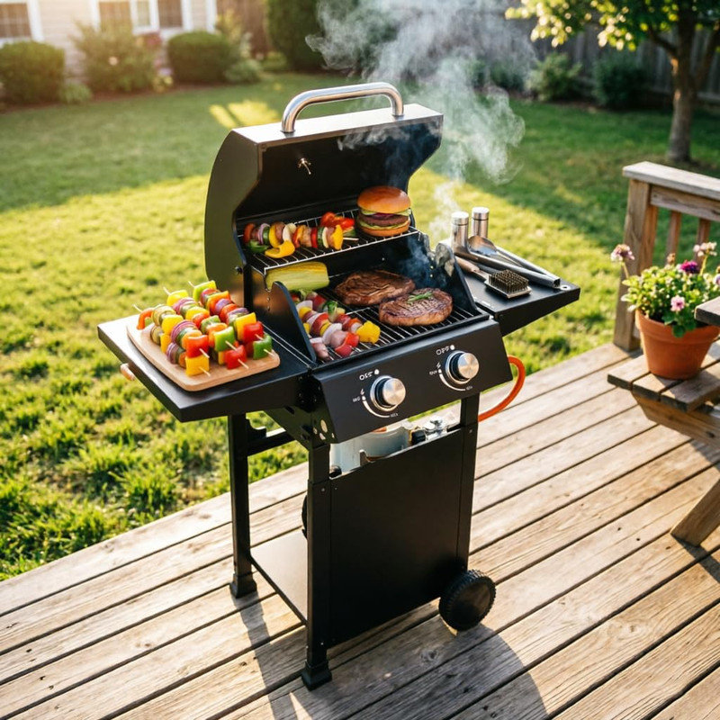 Barbecue au propane à 2 brûleurs - Barbecue portatif de 16 000 BTU avec roues et fer pour la terrasse, la cour arrière et le port de plaisance