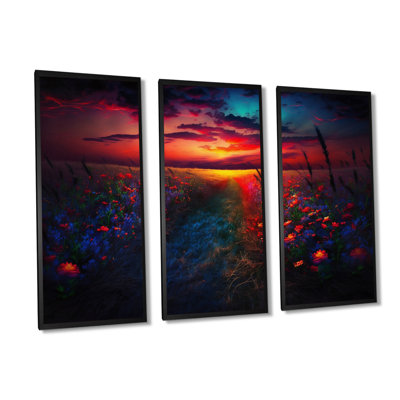 «Flowerful Countryroad at Sunset III», reproduction sur toile 3 pièces