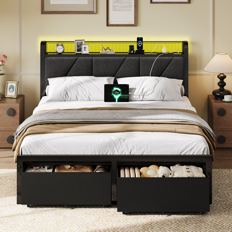Base de lit plateforme en métal avec tête de lit avec rangement, lumières à DEL RVB et station de charge, 2 grands tiroirs de rangement sous le lit, tête de lit tapissier, base de lit facile à assembler