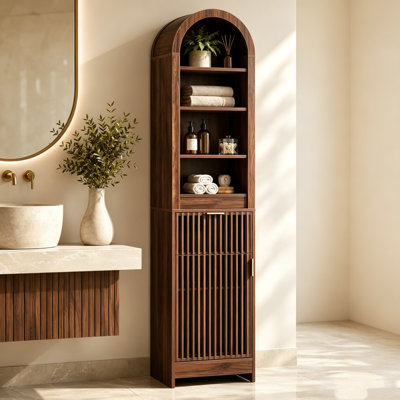 4-Tier Bathroom Vanity with Grille Door & Arched Top, Modern Storage Cabinet for Bathroom – Walnut Finish