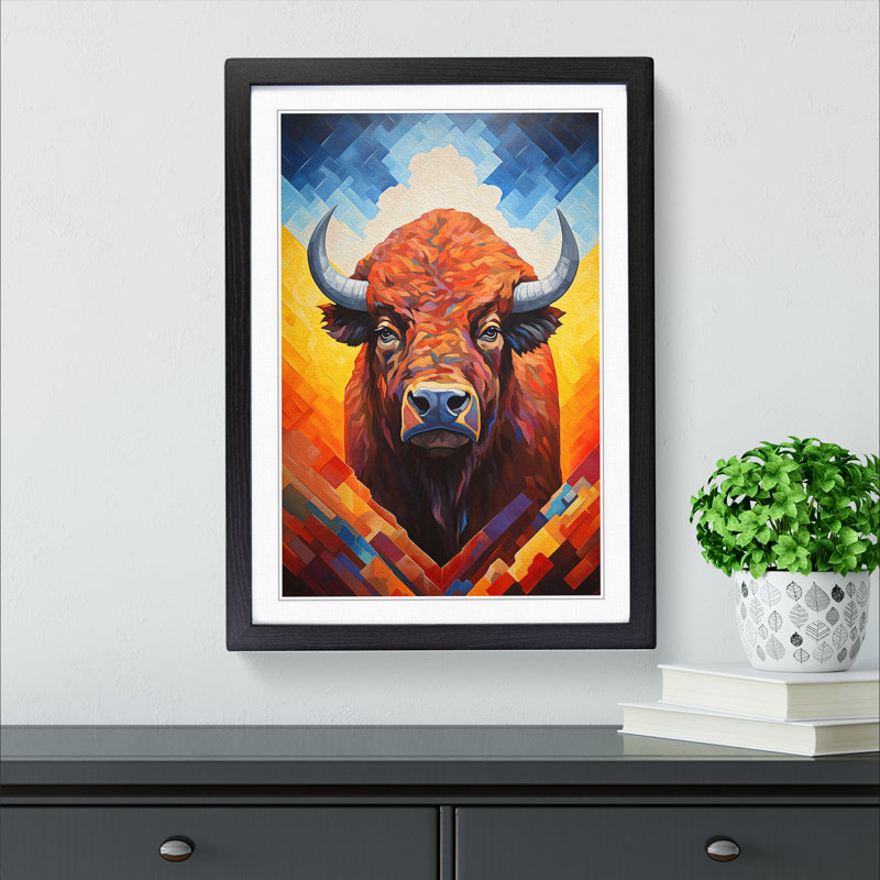Buffalo Hard Edge Painting Art - Framed Print, 46cm H x 34cm W x 2cm D, Black Framed