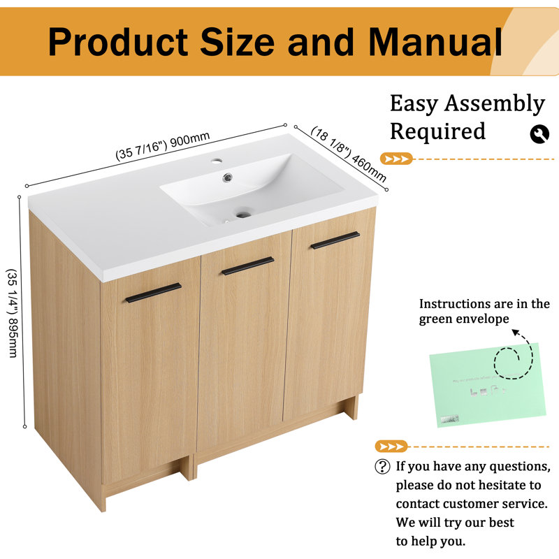Meuble-lavabo autoportant 36 po avec lavabo en résine et tablette réglable 36 po, 3 portes à fermeture en douceur, Right