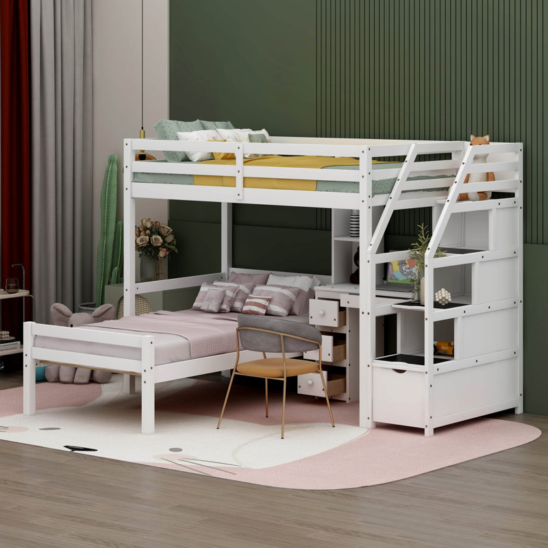Lit mezzanine simple avec tiroirs Pervin Kids, Blanc