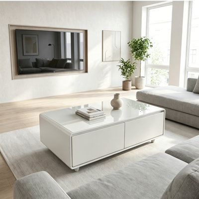 Smart Coffee Table with Built-In Fridge Drawers, Hidden Storage and Power Outlet