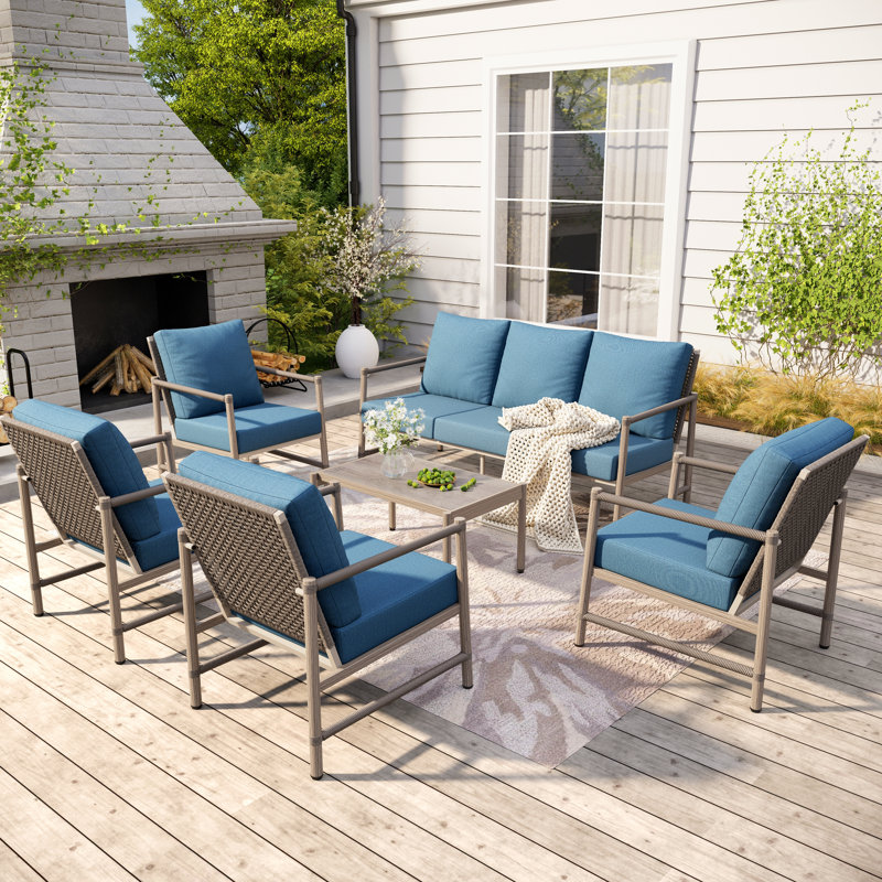 Vintage Wicker Outdoor Patio Furniture Set with Blue Cushions & Coffee Table