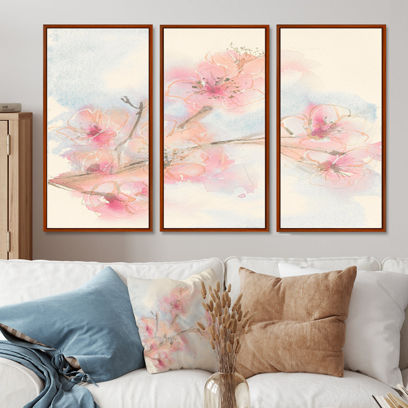 "Pink Blossoms Branch" - ensemble d'art mural encadré Shabby Elegance, par 3, H 40 po x l 60 po, Brun