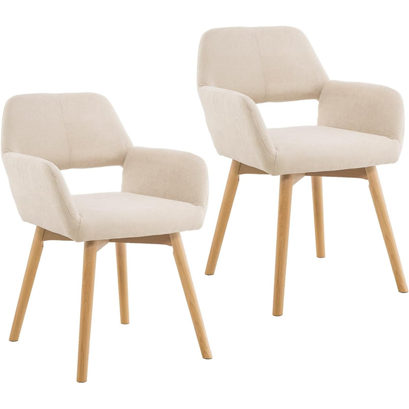 Mid Century Modern Dining Chairs Set Of 2  Comfy Accent Chair Upholstered Kitchen Dining Living Room Chairs For Bedrooms Waiting Room Home Arm Desk Chair No Wheels, Beige