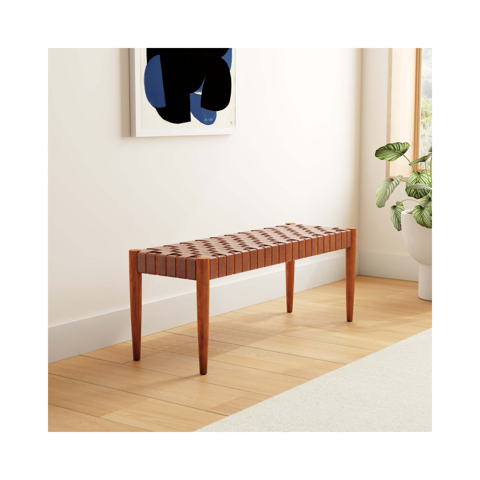 Orin 47" Woven Leather Bench, Cognac