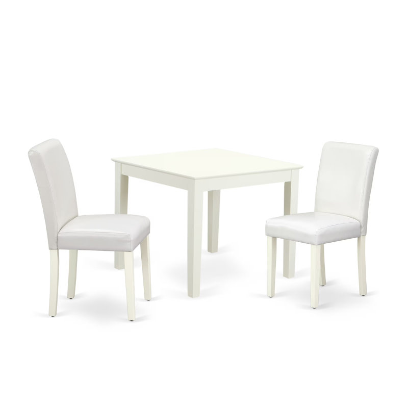 Ensemble de table de salle à manger 3 pièces pour petits espaces comprenant une table de salle à manger carrée et 2 chaises Parson revêtues de similicuir blanc, lin blanc