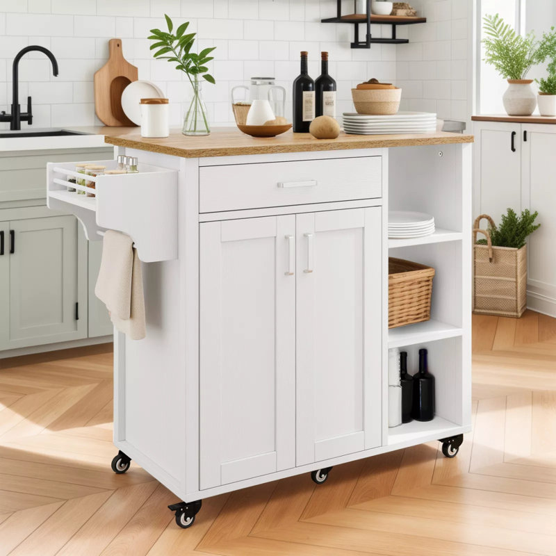 Rolling Kitchen Island Cart On Wheels With Drawer Open Shelves & Spice Rack With Storage For Dining Room, White
