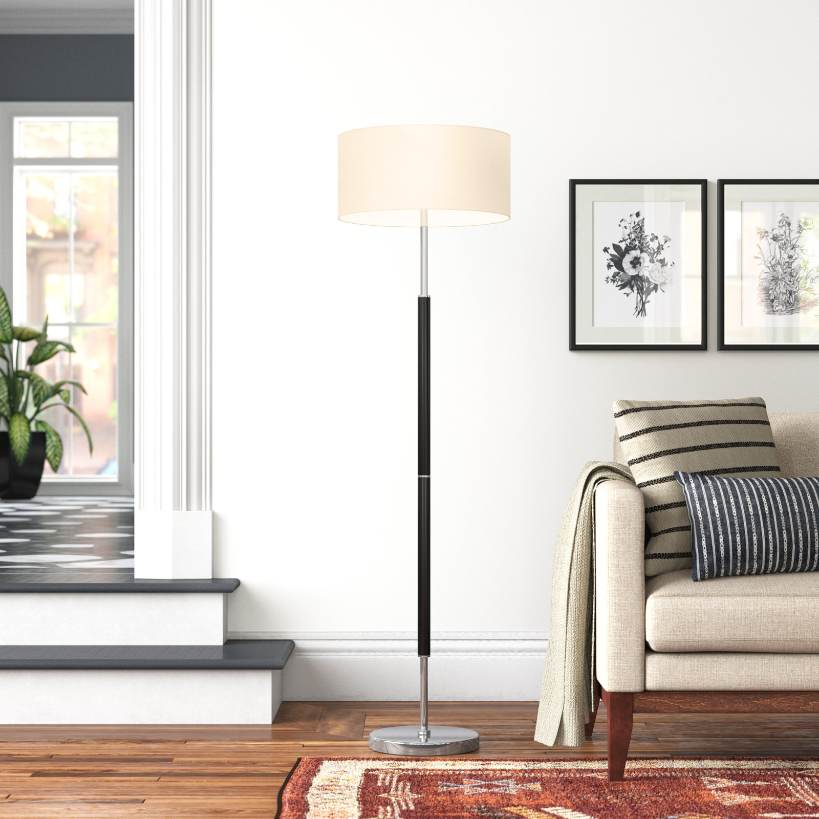 Olie 61" Floor Lamp, Matte Black/Polished Nickel