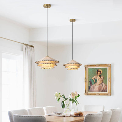 Luminaire suspendu doré 15,7 po, abat-jour en tissu à 3 couches, îlot de cuisine à hauteur réglable, abat-jour en lin, repas de style campagnard, lustre style Mid-Century