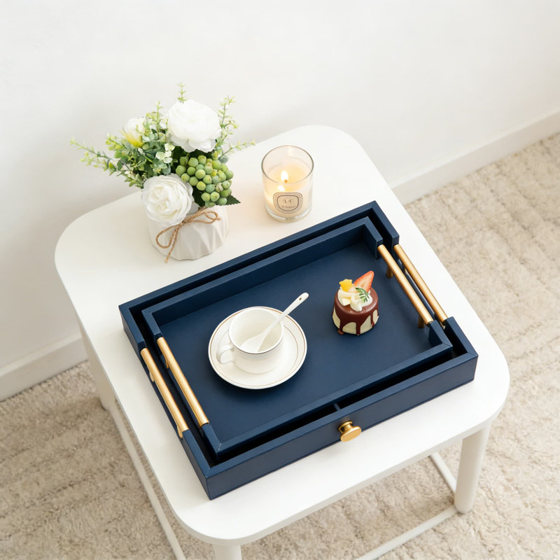 Decorative Tray Set Of 2 With Gold Handles, Faux Shagreen Leather Serving Trays For Coffee Table, Ottoman, Kitchen And Home Decor, Rectangular Organizer With Velvet Base