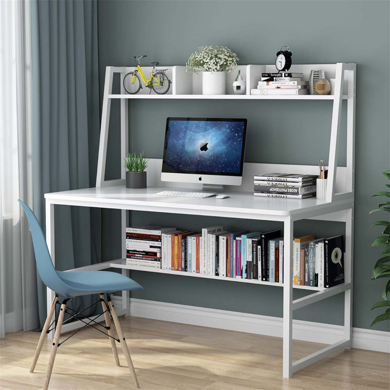 Bureau d'ordinateur de 47 pouces avec huche et bibliothèque, solution compacte de bureau à domicile pour petits espaces, poste de travail moderne avec rangement, blanc