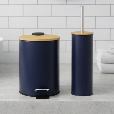 Bathroom Set with Bamboo Lid - Matte Metal Trash Can and Toilet Brush