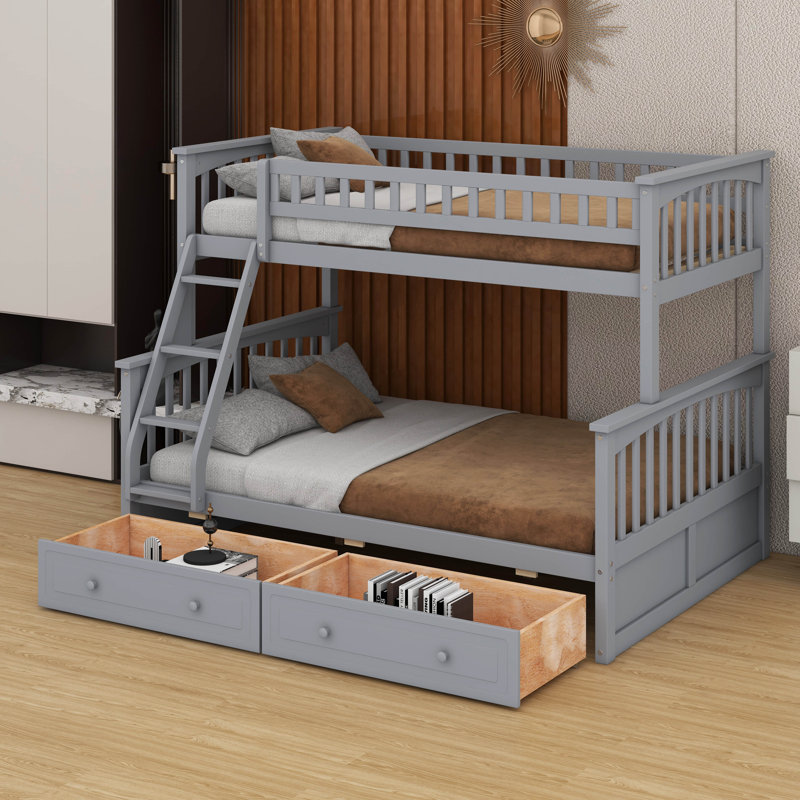 Lit superposé simple au-dessus d'un lit double - Conception convertible avec tiroirs inclus, Gris