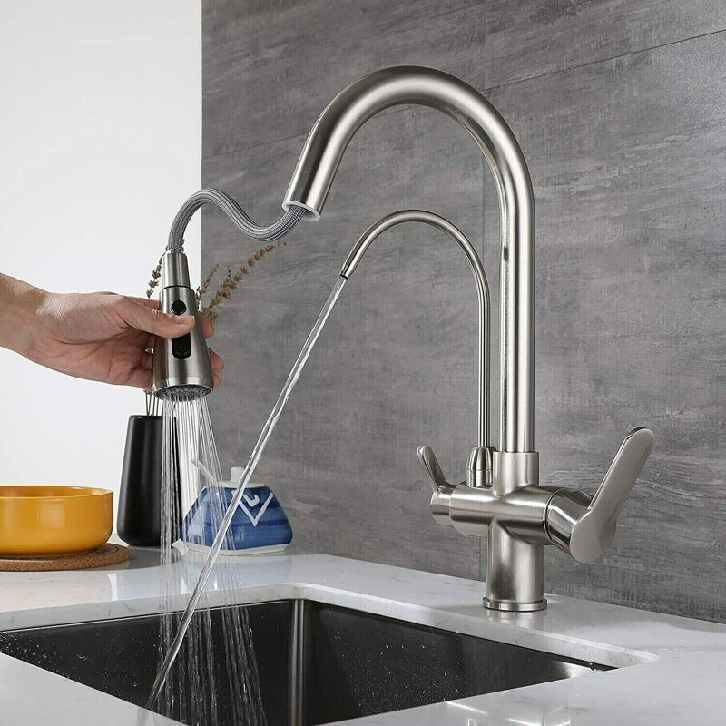 Robinet d'évier de cuisine avec douchette extractible 2 poignées 3 en 1, Nickel brossé