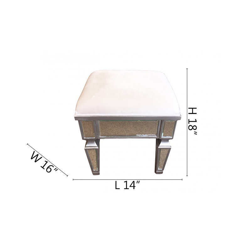 Petit tabouret à miroir avec garniture en bois argenté et assise rembourrée en tissu blanc