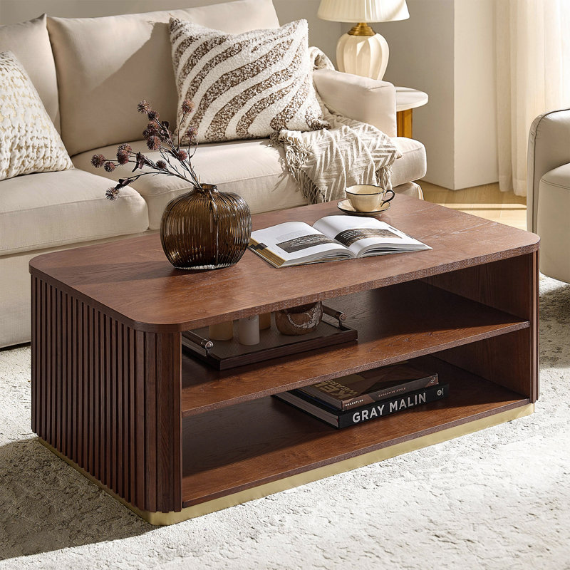Jadida Natalia Modern 47.5"W Fluted Rectangular Coffee Table with Double-Layer Storage, Walnut