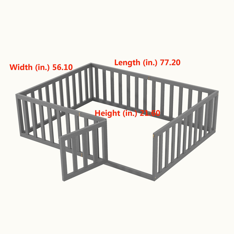 Structure de lit en bois avec clôture et porte, Double, Gris