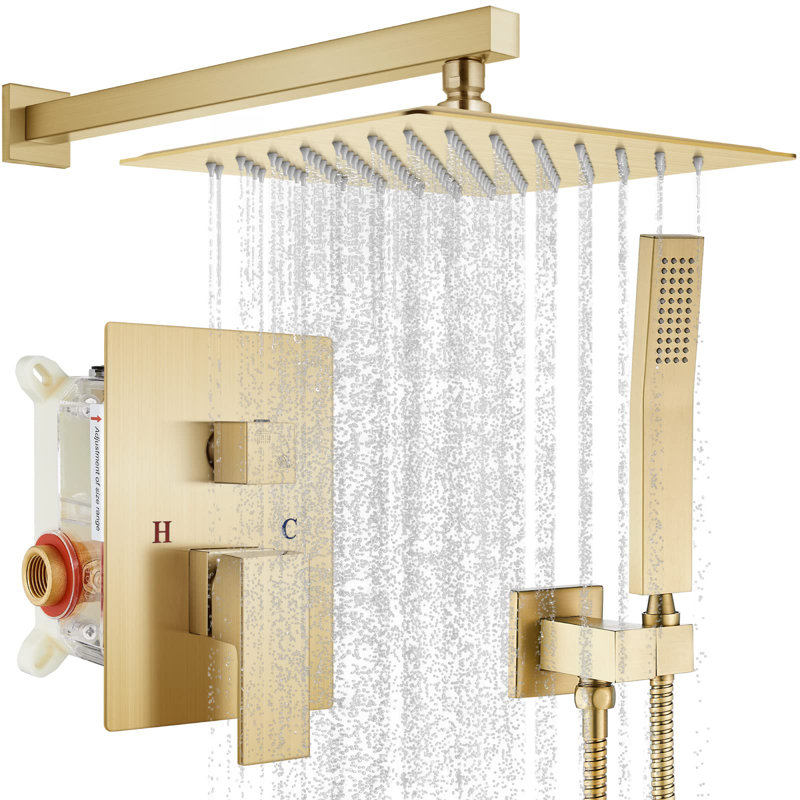 12-Inch Square Rain Shower Head, Handheld Shower, 59-Inch Shower Hose, 15.7-Inch Shower Arm, Handheld Holder, Brushed Gold