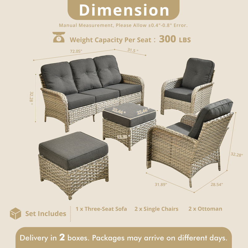 Ensemble de mobilier d'extérieur en osier 5 pièces avec coussins et repose-pieds, Noir, noir, noir, noir