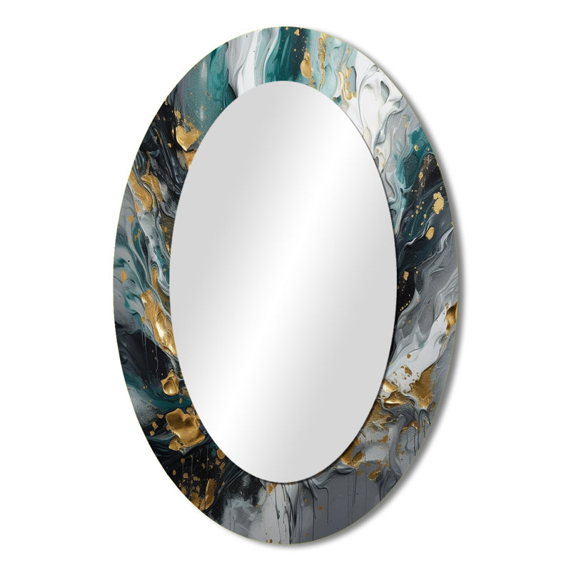 Gold Teal Ink On Stone - Gold Modern Oval Wall Mirror, 36" x 24"