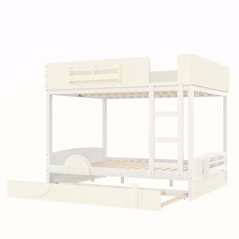 Grand lit superposé avec lit gigogne, cadre de lit superposé en bois avec bibliothèque intégrée et garde-corps de sécurité de haute qualité, forme d'automobile pour enfants, blanc et beige.
