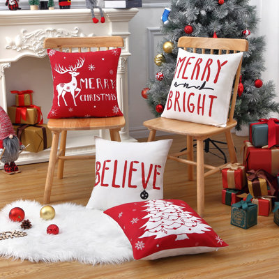 4 housses de coussin de Noël 18 x 18 po, housses de coussin en velours, rouge-Type4, décor de vacances d'hiver