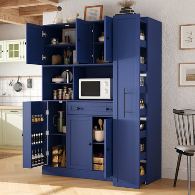 Freestanding Buffet Large Kitchen Pantry Storage Cabinet Cupboard with Pull-Out Side Cabinet Door Shelves and Drawer,Blue
