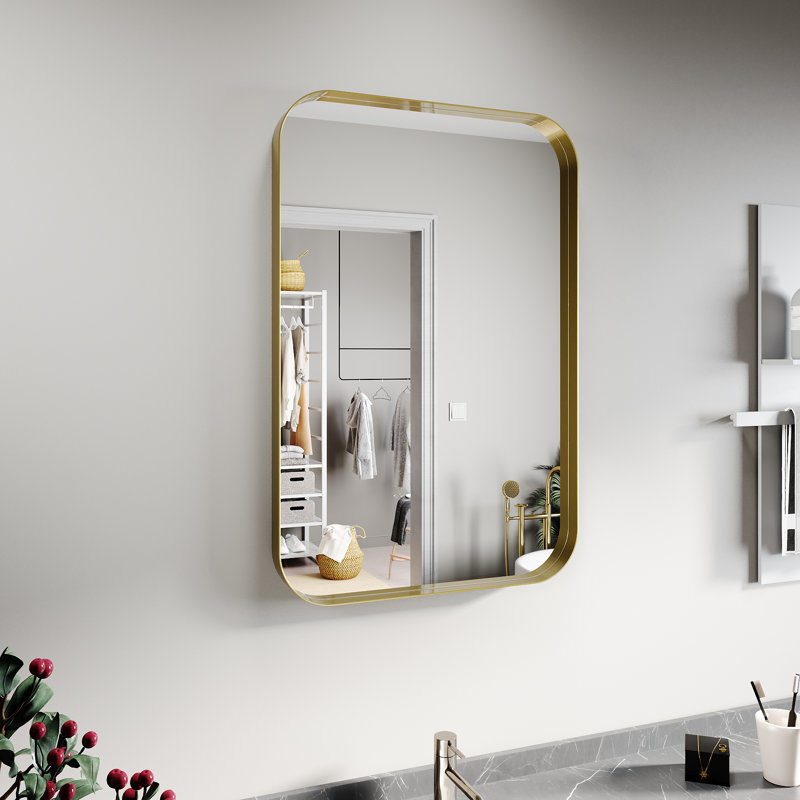 Miroir de coin haute définition Ebern Designs, verre épais de 5 mm d'épaisseur, sans cuivre, Doré, 40 po x 30 po