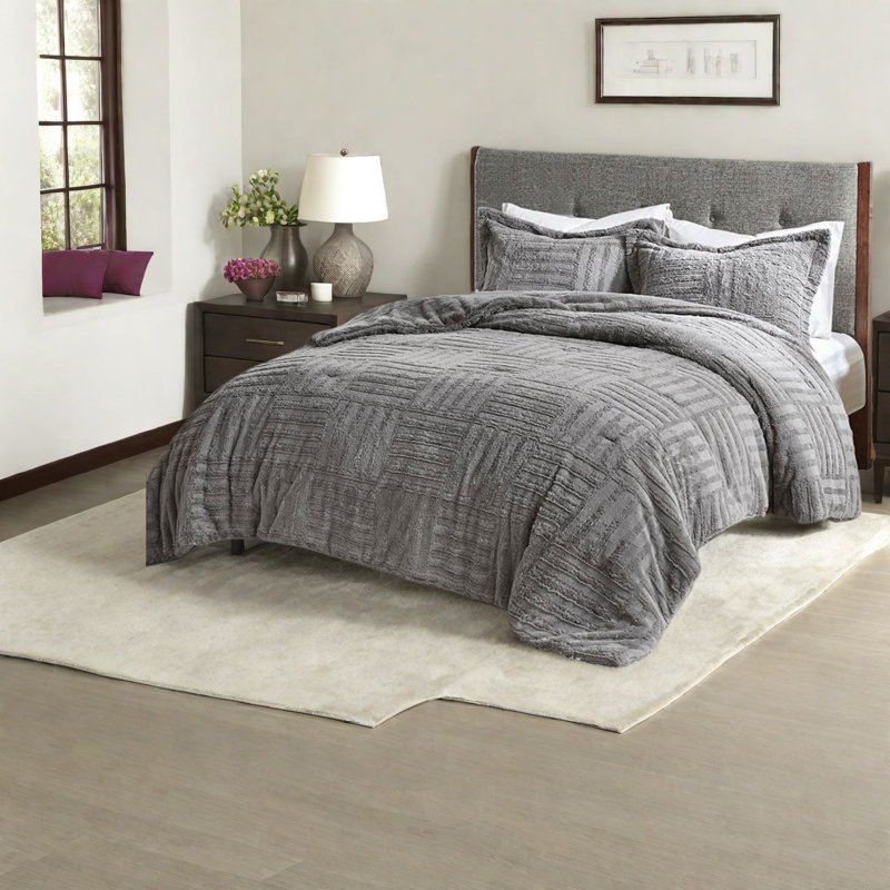Ensembles de literie luxueux en fausse fourrure, motif damier gris, mini ensemble d'édredon double / grand