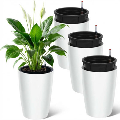4 grands pots de fleurs blancs à arrosage automatique de 4 pouces avec pots de drainage noirs et jauges de niveau d'eau, idéal pour les plantes d'intérieur et d'extérieur