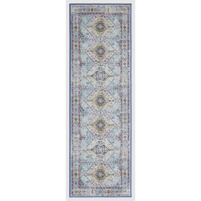 Lyanne Washable Non-Slip Blue Area Rug, Runner 2'2" x 7'