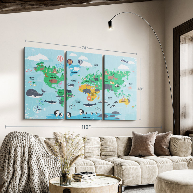 "Carte du monde pour enfants" sur toile, H 48 po x l 74 po x P 1,25 po